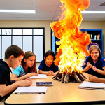 **A vibrant classroom scene:** Students actively engaged in collaborative projects, fueled by curiosity and guided by a supportive teacher. Incorporate elements of real-world connection and showcase the "fire within" that ignites their passion for learning.