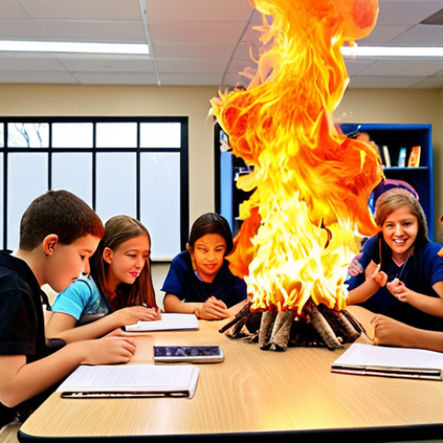 Home 15 **A vibrant classroom scene:** Students actively engaged in collaborative projects, fueled by curiosity and guided by a supportive teacher. Incorporate elements of real-world connection and showcase the "fire within" that ignites their passion for learning.
