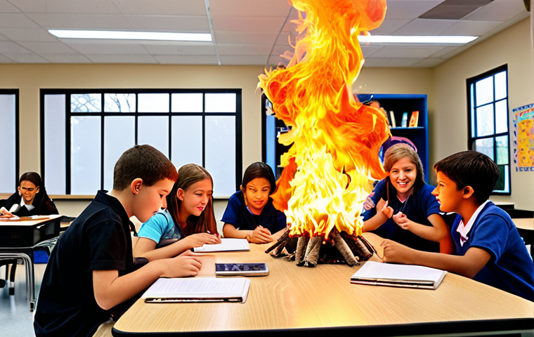 **A vibrant classroom scene:** Students actively engaged in collaborative projects, fueled by curiosity and guided by a supportive teacher. Incorporate elements of real-world connection and showcase the "fire within" that ignites their passion for learning.