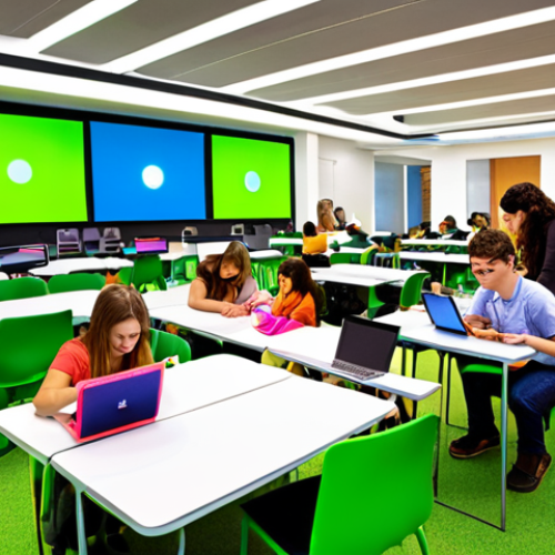 Home 14 **Prompt:** A vibrant, modern smart campus scene. Students are actively engaged with tablets and laptops in brightly lit, collaborative learning spaces. The architecture is futuristic and incorporates green technology. The atmosphere is energetic and inspiring, showcasing the benefits of technology in education.