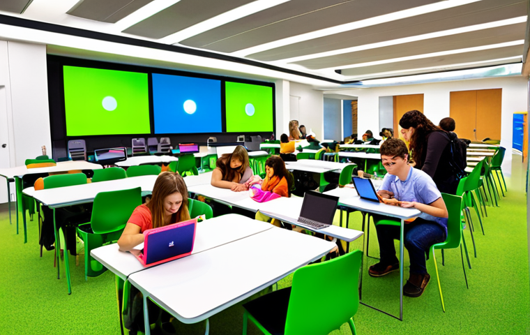 **Prompt:** A vibrant, modern smart campus scene. Students are actively engaged with tablets and laptops in brightly lit, collaborative learning spaces. The architecture is futuristic and incorporates green technology. The atmosphere is energetic and inspiring, showcasing the benefits of technology in education.