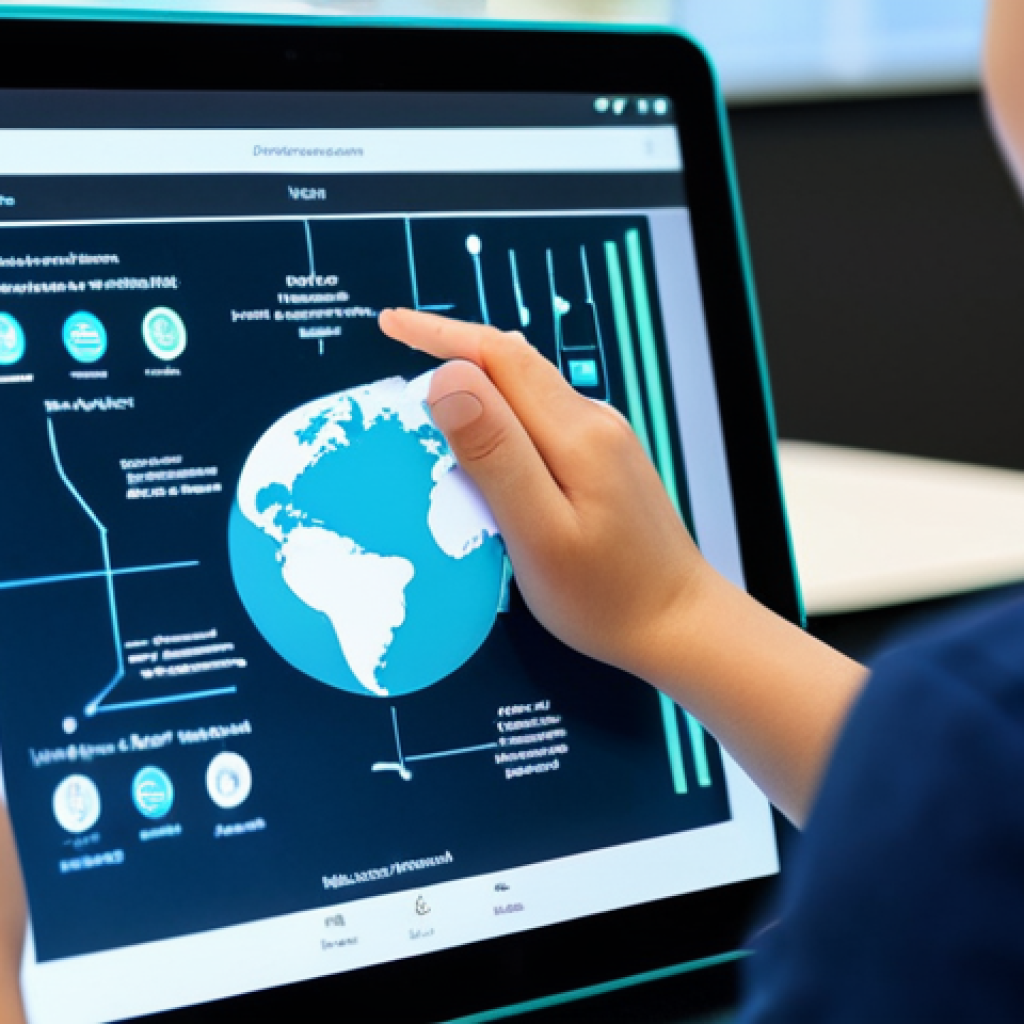 A young, determined student, fully clothed in appropriate, modest attire, deeply focused on a personalized, interactive digital learning platform displayed on a futuristic tablet. Their hands are naturally positioned on the tablet, engaging with the content. The background is a vibrant, modern learning hub with soft, natural lighting, suggesting global connectivity, with blurred elements hinting at diverse learners. Perfect anatomy, correct proportions, natural pose, well-formed hands, proper finger count, natural body proportions, professional photography, high quality, safe for work, appropriate content, fully clothed, family-friendly.
