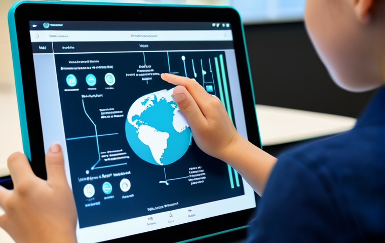 A young, determined student, fully clothed in appropriate, modest attire, deeply focused on a personalized, interactive digital learning platform displayed on a futuristic tablet. Their hands are naturally positioned on the tablet, engaging with the content. The background is a vibrant, modern learning hub with soft, natural lighting, suggesting global connectivity, with blurred elements hinting at diverse learners. Perfect anatomy, correct proportions, natural pose, well-formed hands, proper finger count, natural body proportions, professional photography, high quality, safe for work, appropriate content, fully clothed, family-friendly.