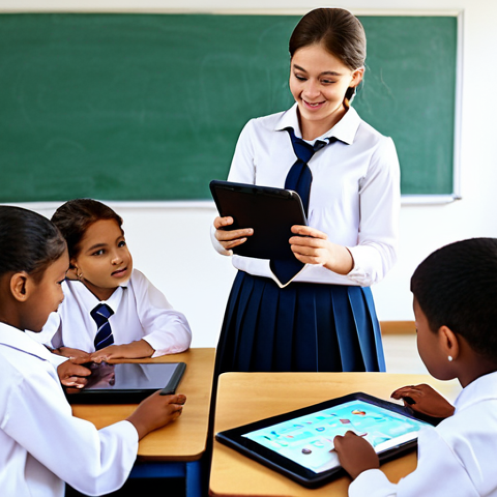 **

"A brightly lit classroom scene with children actively engaged in learning games on tablets, fully clothed in modest school uniforms, safe for work, appropriate content. The teacher, also fully clothed, is assisting students. The classroom is modern and well-equipped. Perfect anatomy, correct proportions, natural poses, professional photography, high quality, family-friendly."

**
