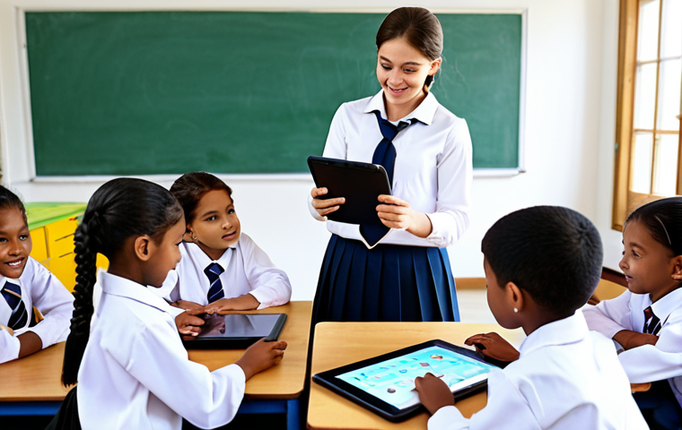 **

"A brightly lit classroom scene with children actively engaged in learning games on tablets, fully clothed in modest school uniforms, safe for work, appropriate content. The teacher, also fully clothed, is assisting students. The classroom is modern and well-equipped. Perfect anatomy, correct proportions, natural poses, professional photography, high quality, family-friendly."

**