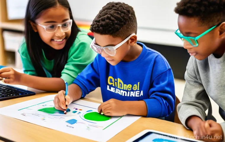 교육공학과 STEM 교육 - **Prompt 1: Hands-on STEM Exploration**
    "A group of four diverse children, aged between 9 and 12...