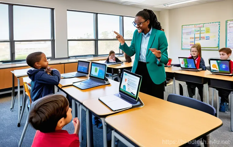 교육공학과 교수법 트레이닝 - **Prompt 1: "The Dynamic Digital Classroom"**
    A vibrant and modern classroom scene filled with d...