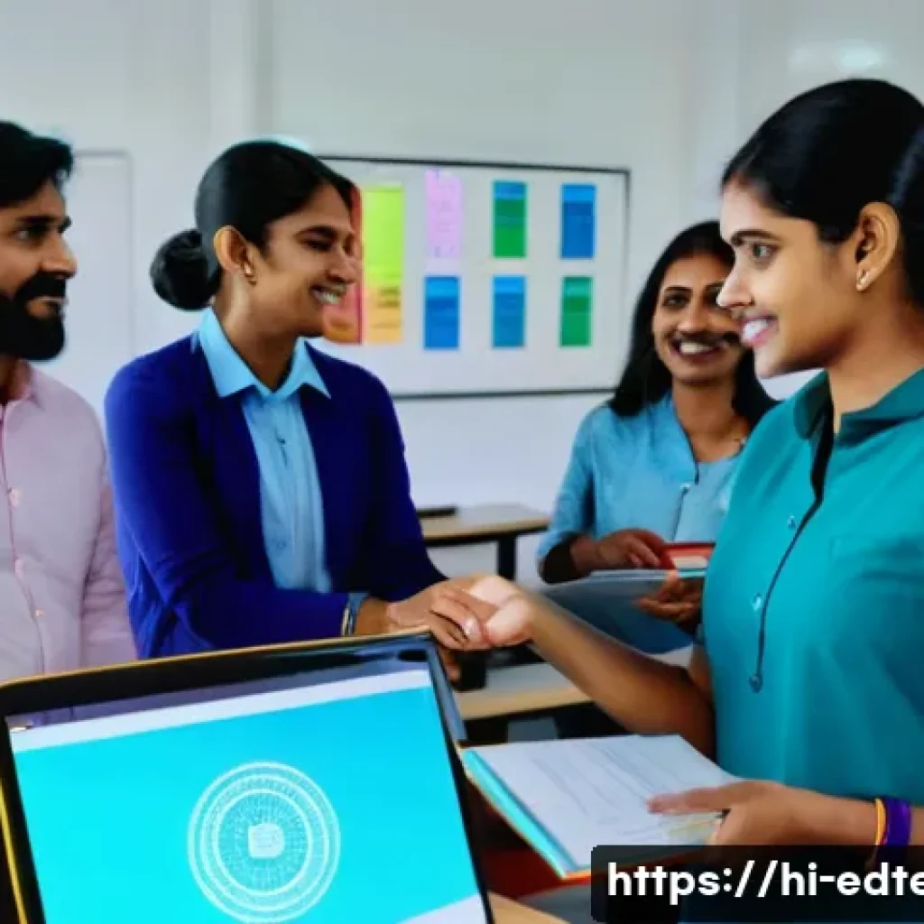 교육공학과 교육용 NFT - A modern Indian classroom scene with a diverse group of students and teachers interacting digitally;...