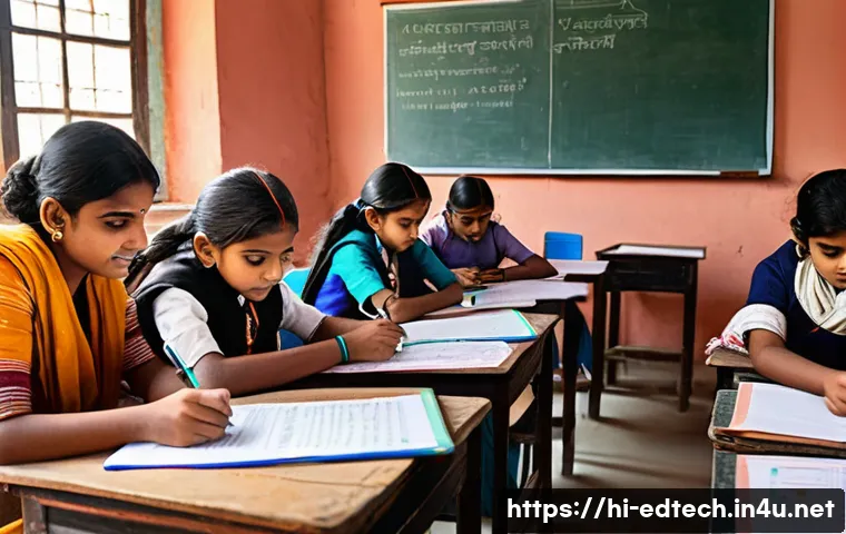 교육공학과 디지털 리터러시 - A vibrant classroom scene blending traditional and modern education methods in an Indian setting, fe...