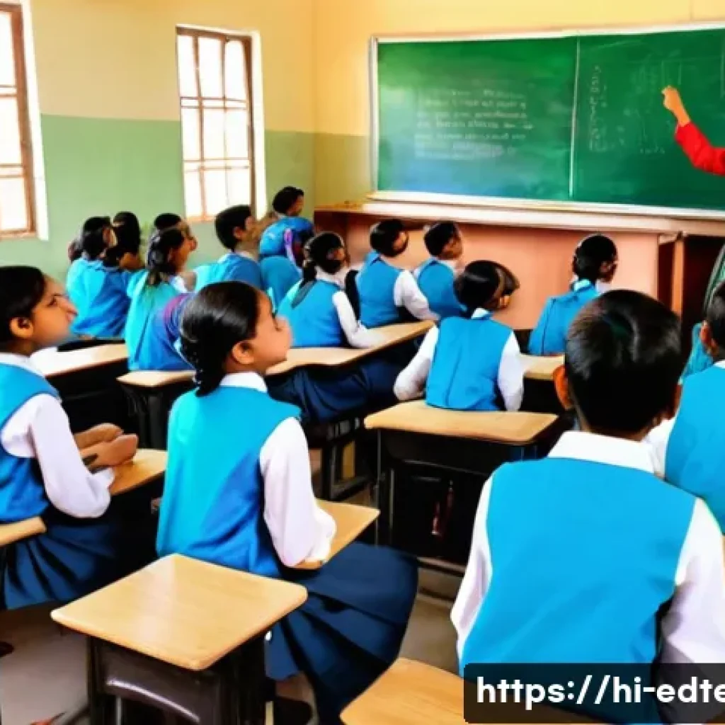 교육공학과 직업 교육 기술 - A vibrant classroom scene in a modern Indian school where students actively engage with a large inte...