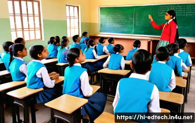 교육공학과 직업 교육 기술 - A vibrant classroom scene in a modern Indian school where students actively engage with a large inte...
