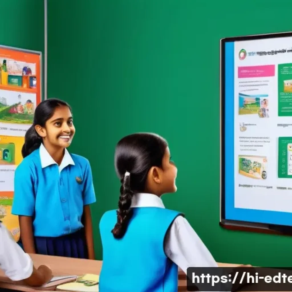교육공학과 미디어 리터러시 - A vibrant digital classroom scene featuring Indian students and a teacher engaging with interactive ...