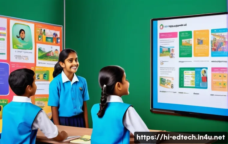 교육공학과 미디어 리터러시 - A vibrant digital classroom scene featuring Indian students and a teacher engaging with interactive ...