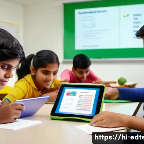 교육공학과 학습 콘텐츠 개발 - A modern classroom scene featuring a diverse group of Indian students actively engaging with multime...