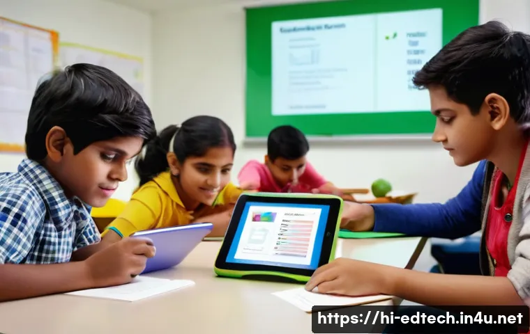 교육공학과 학습 콘텐츠 개발 - A modern classroom scene featuring a diverse group of Indian students actively engaging with multime...