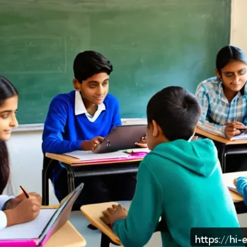 교육공학과 인지적 도제 학습 - A vibrant modern classroom scene featuring Indian students aged around 15 to 18 using digital device...