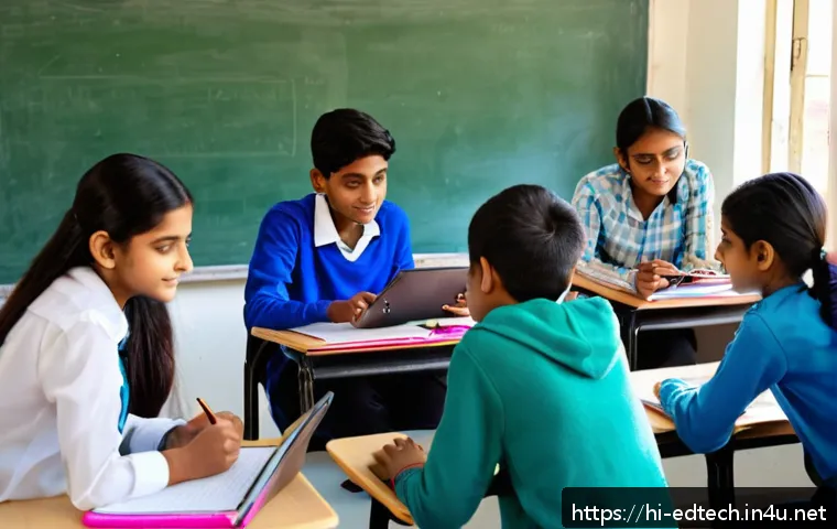 교육공학과 인지적 도제 학습 - A vibrant modern classroom scene featuring Indian students aged around 15 to 18 using digital device...