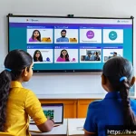 교육공학과 Microsoft Teams 교육 - A vibrant digital classroom scene featuring an Indian teacher conducting an interactive Microsoft Te...