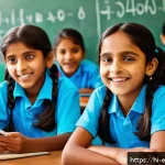 교육공학과 게임기반 학습 - A vibrant classroom scene showing Indian children aged 8-12 engaged in a math-based educational game...