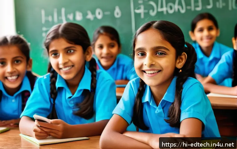 교육공학과 게임기반 학습 - A vibrant classroom scene showing Indian children aged 8-12 engaged in a math-based educational game...
