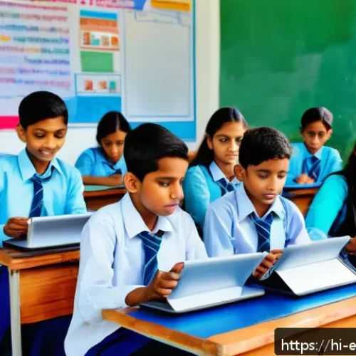 교육공학과 학습자 맞춤형 교육 - A modern Indian classroom scene featuring Hindi-speaking students using interactive digital tablets ...