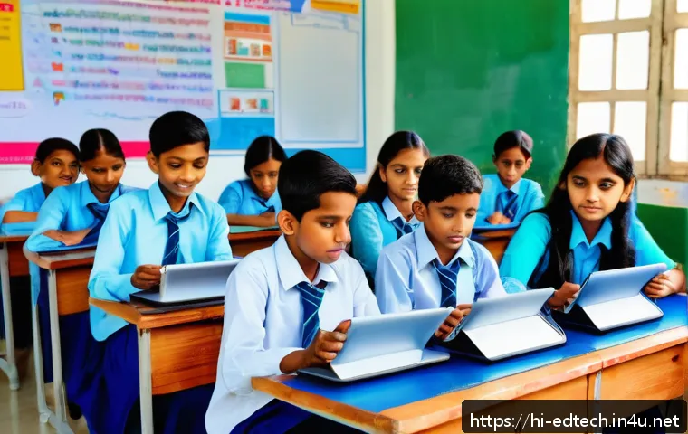 교육공학과 학습자 맞춤형 교육 - A modern Indian classroom scene featuring Hindi-speaking students using interactive digital tablets ...