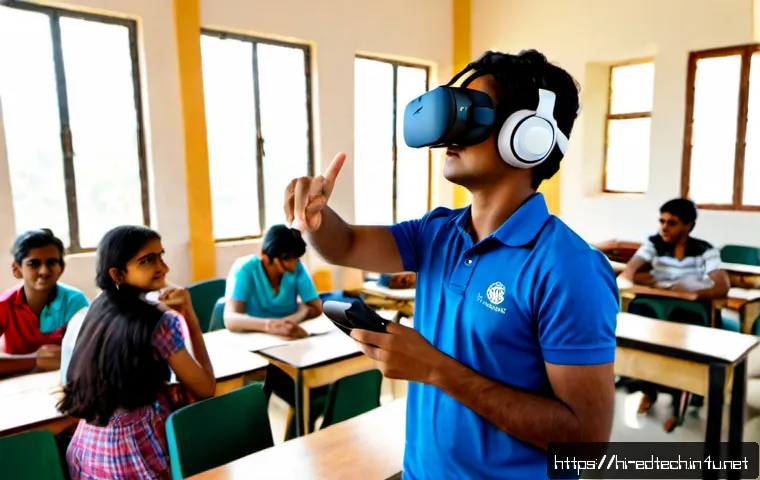 교육공학과 가상현실 VR - Photorealistic Indian university classroom for educational technology, a focused college student wea...
