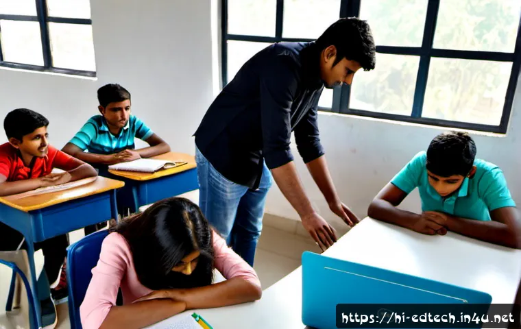 교육공학과 인터넷 중독 예방 교육 - Photorealistic Indian educational technology classroom, a caring young teacher guiding diverse Hindi...